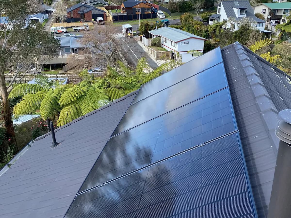 A 5.46kW EFS Solar array on a hillside home in New Plymouth, tree ferns and the suburb below